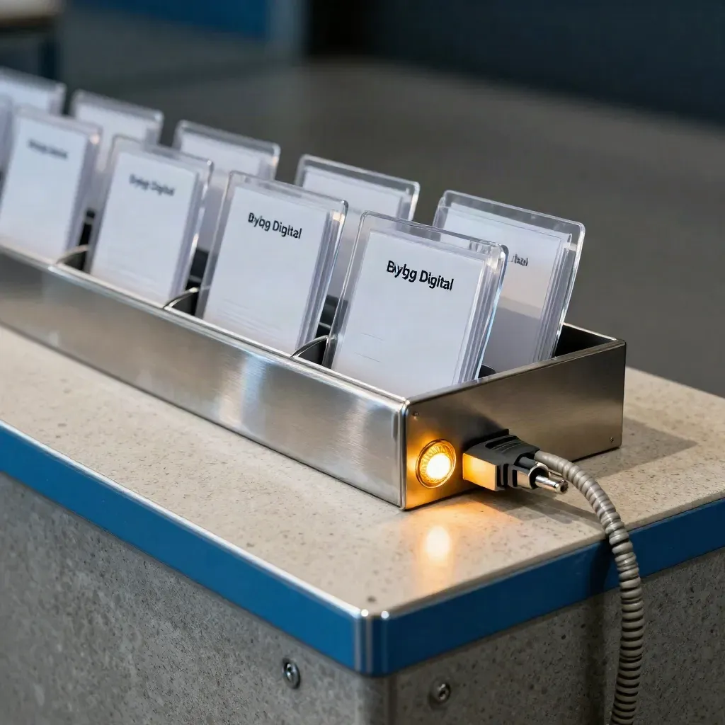 Leadgenerering med akrylkort, signalljus och kabel i en industriell miljö.