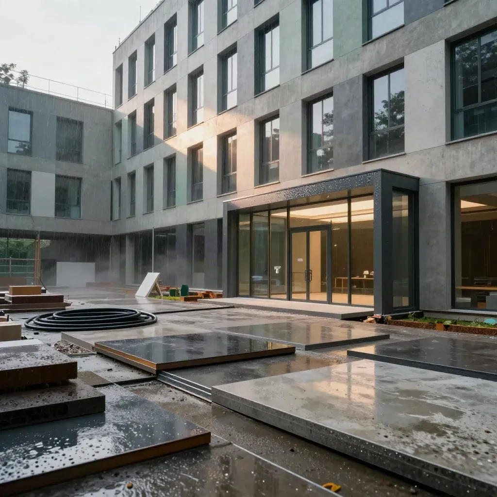 Modulärt byggkontor med glödande entré, blött betonggolv och regnmist i kvällsljus