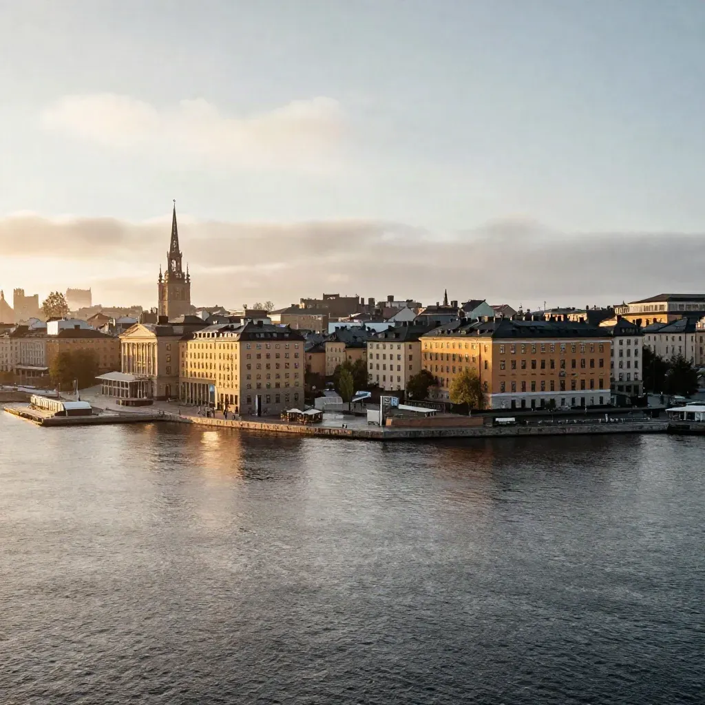 Stockholms silhuett i gryning med dimma över Riddarfjärden och lugnt vatten för rubrik.
